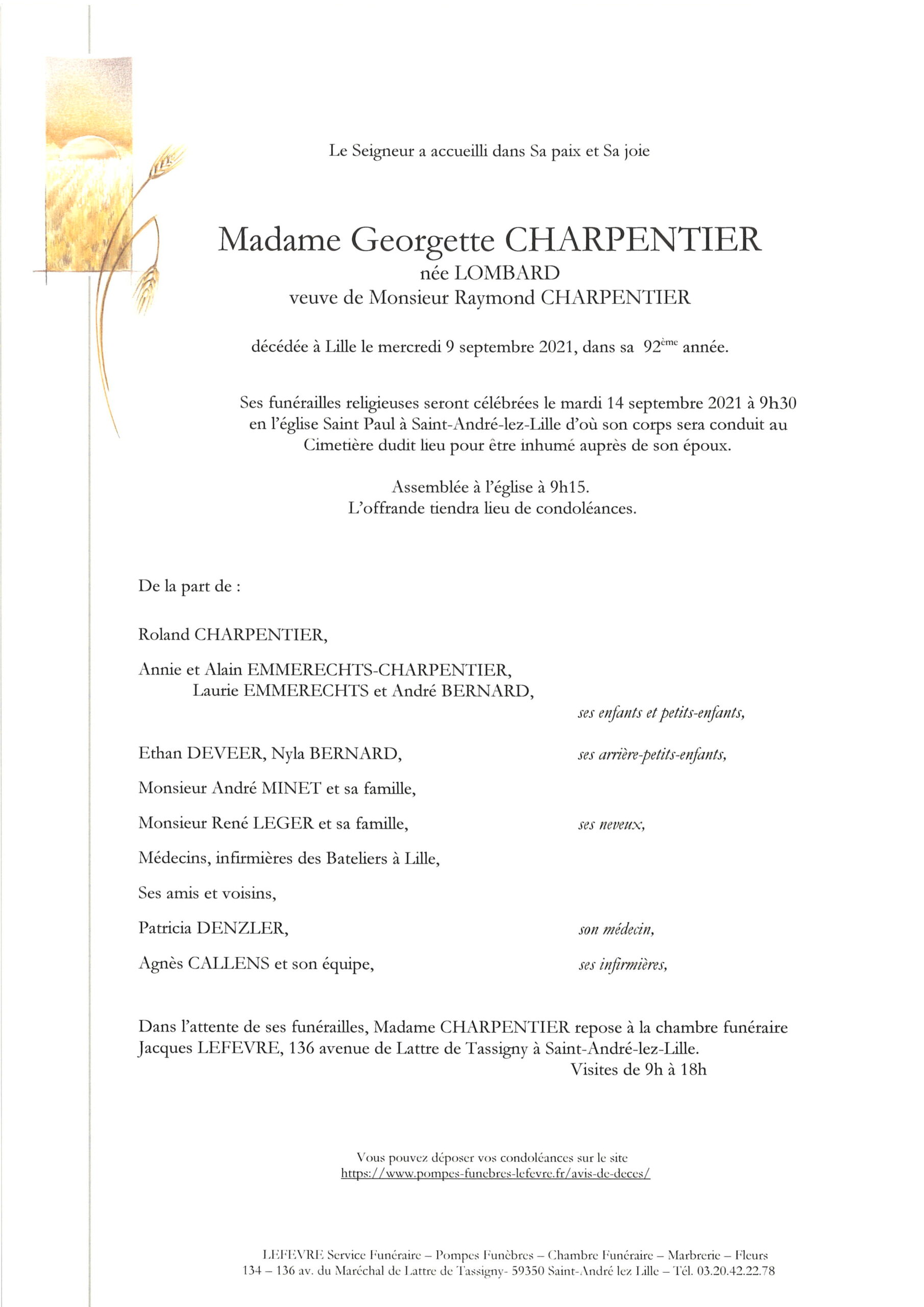 Pompes Funebres Charpentier Isbergues Avis De Deces