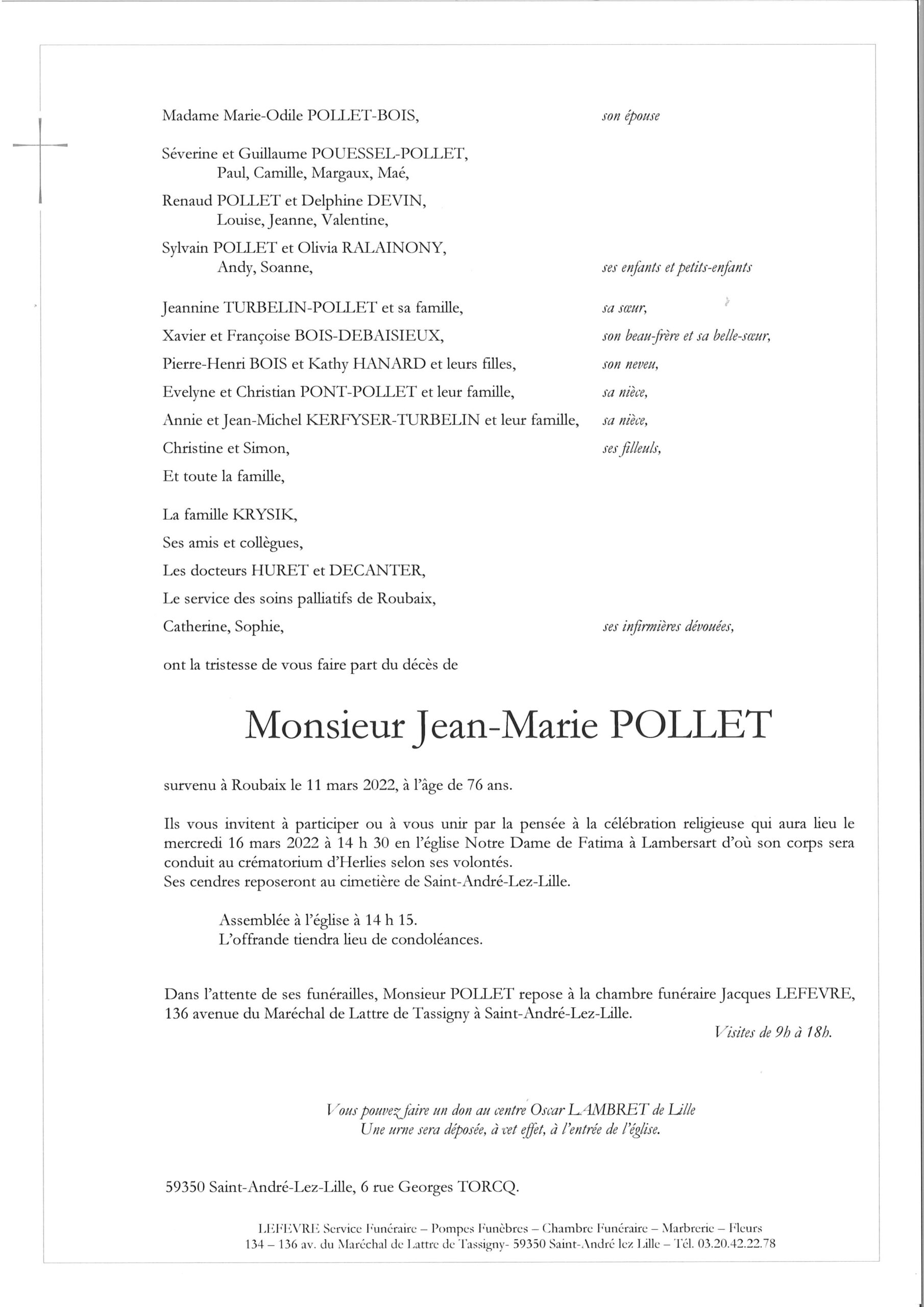 Monsieur JeanMarie POLLET Avis de décès